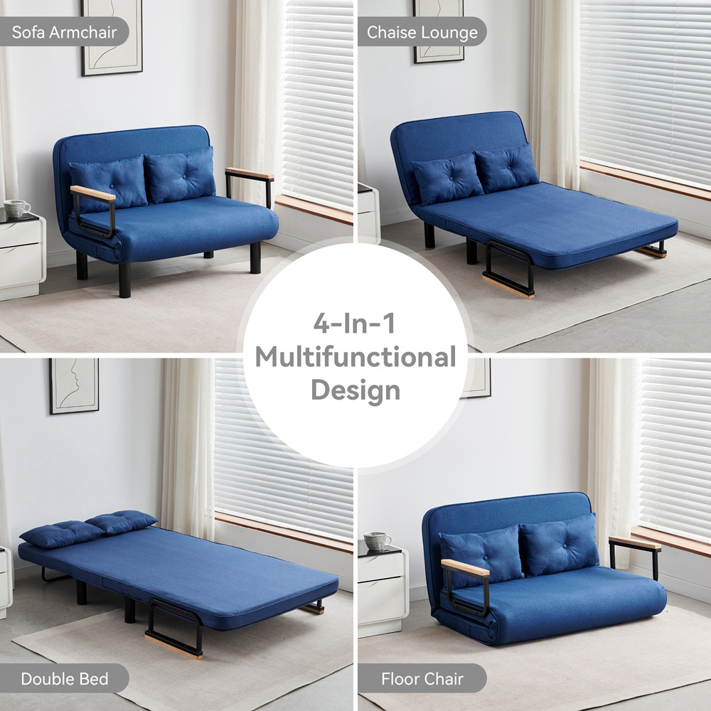 2 Seater Blue 4-in-1 Foldable Sofa Bed with Adjustable Backrest and Large Cushion Image 5