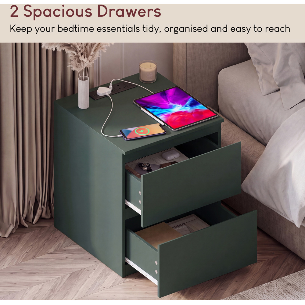 VIDA DESIGNS Denver 2 Drawer Green Large Bedside Chest with Power Outlet Image 5