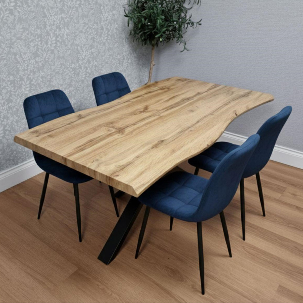 Portland 4 Seater Velvet Tufted Wooden Tabletop Dining Set Blue Image 1