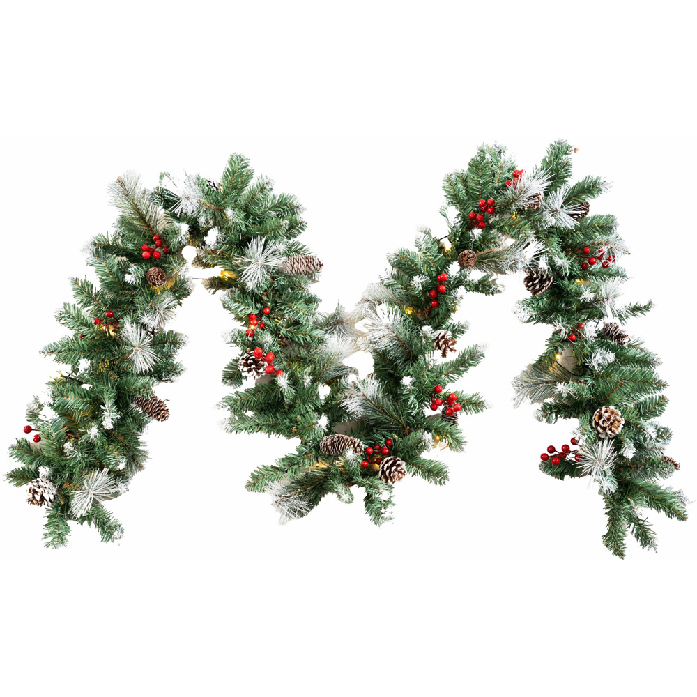 Abrihome 50 Warm White LED Snow-Dusted Artificial Christmas Garland with Pinecones and Berries 270cm Image 1