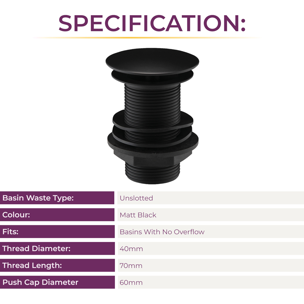 Go Bathrooms Matt Black Unslotted Click Clack Basin Waste Image 4