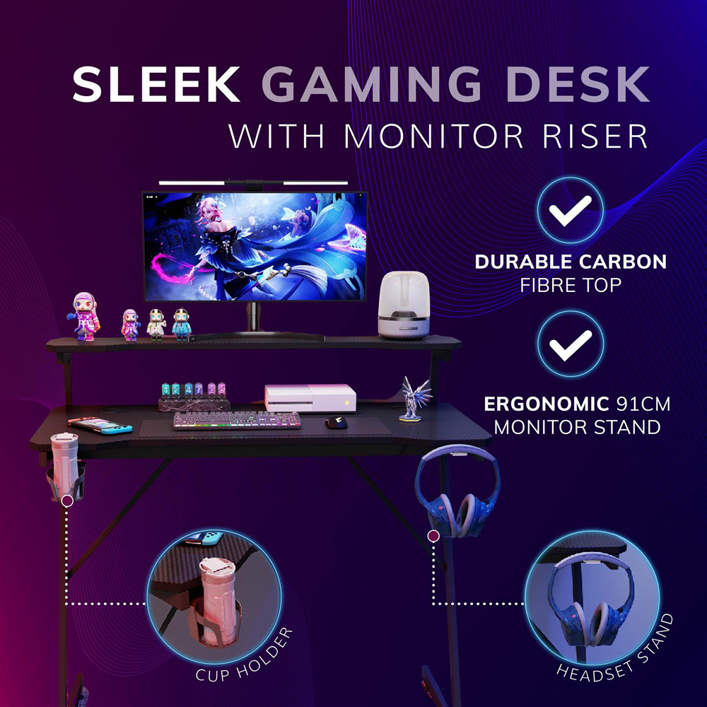 House of Home Carbon Fibre Top Gaming Desk with Monitor Stand Black Image 7