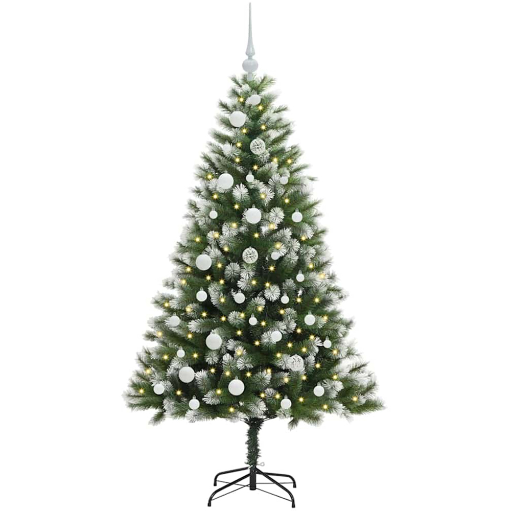 vidaXL Pre-Lit White Baubles Green Artificial Snow Tipped Hinged Christmas Tree 5ft Image 1
