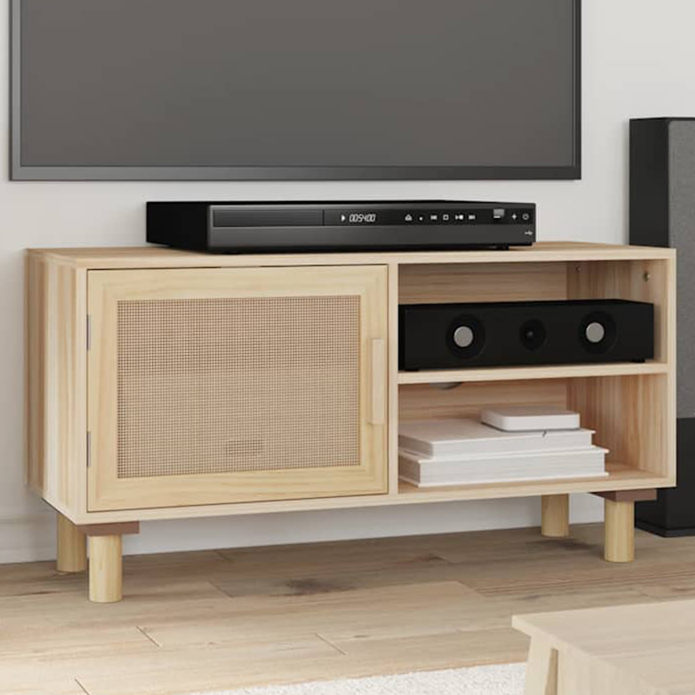 vidaXL Single Door 2 Shelf Brown Solid Pine Wood and Natural Rattan TV Cabinet with Cable Hole Image 1