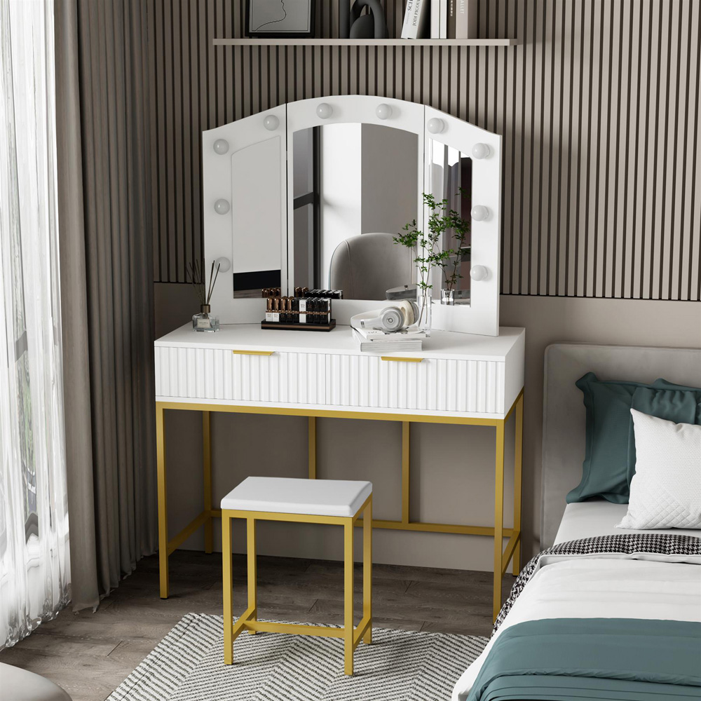 Kosy Koala Lilly 2 Drawer White and Gold Dressing Table Set with LED Mirror Image 5