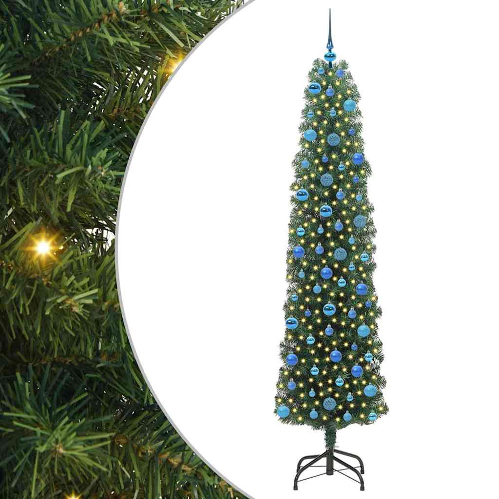 vidaXL Green Artificial Christmas Tree with LEDs Blue Decoration Ornaments 8ft Image 2
