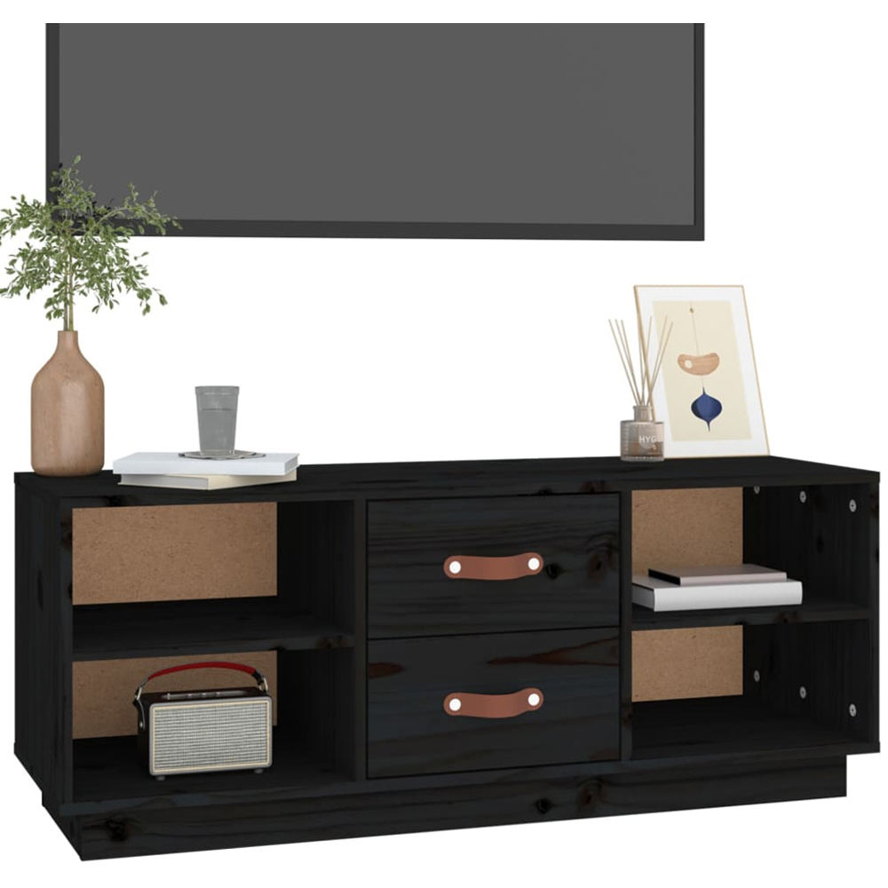 vidaXL 2 Drawer 4 Shelf Black Solid Pine Wood TV Cabinet Image 3