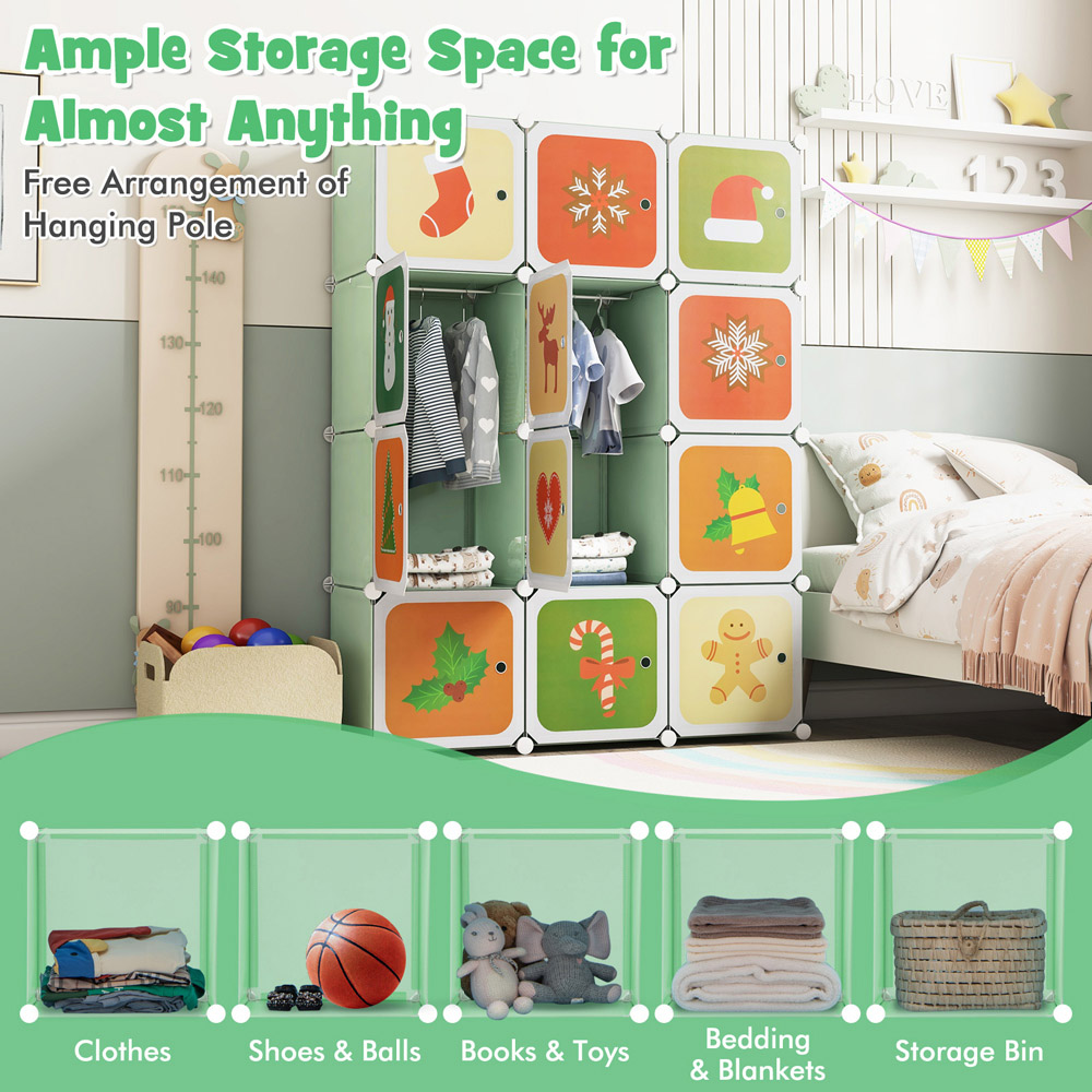 Costway 12 Cube Green Kids Portable Wardrobe Image 6