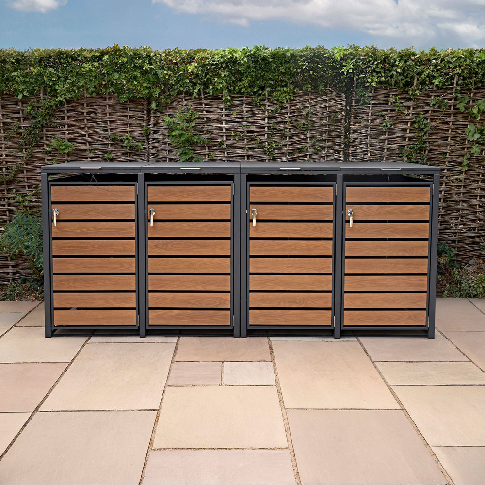 MonsterShop Anthracite and Wood Metal 4 Wheelie Bin Storage Shed Image 2