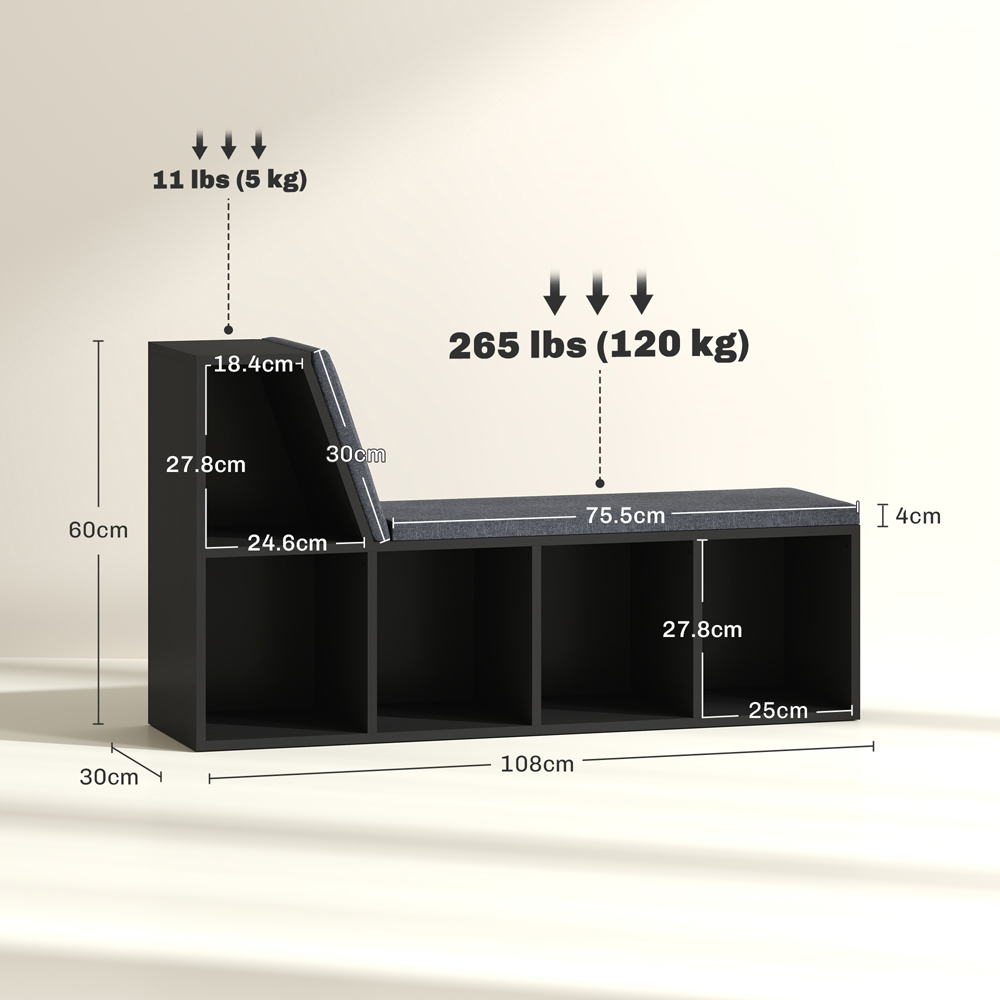 Portland 5 Shelf Black Bookcase with Removable Cushion Image 9