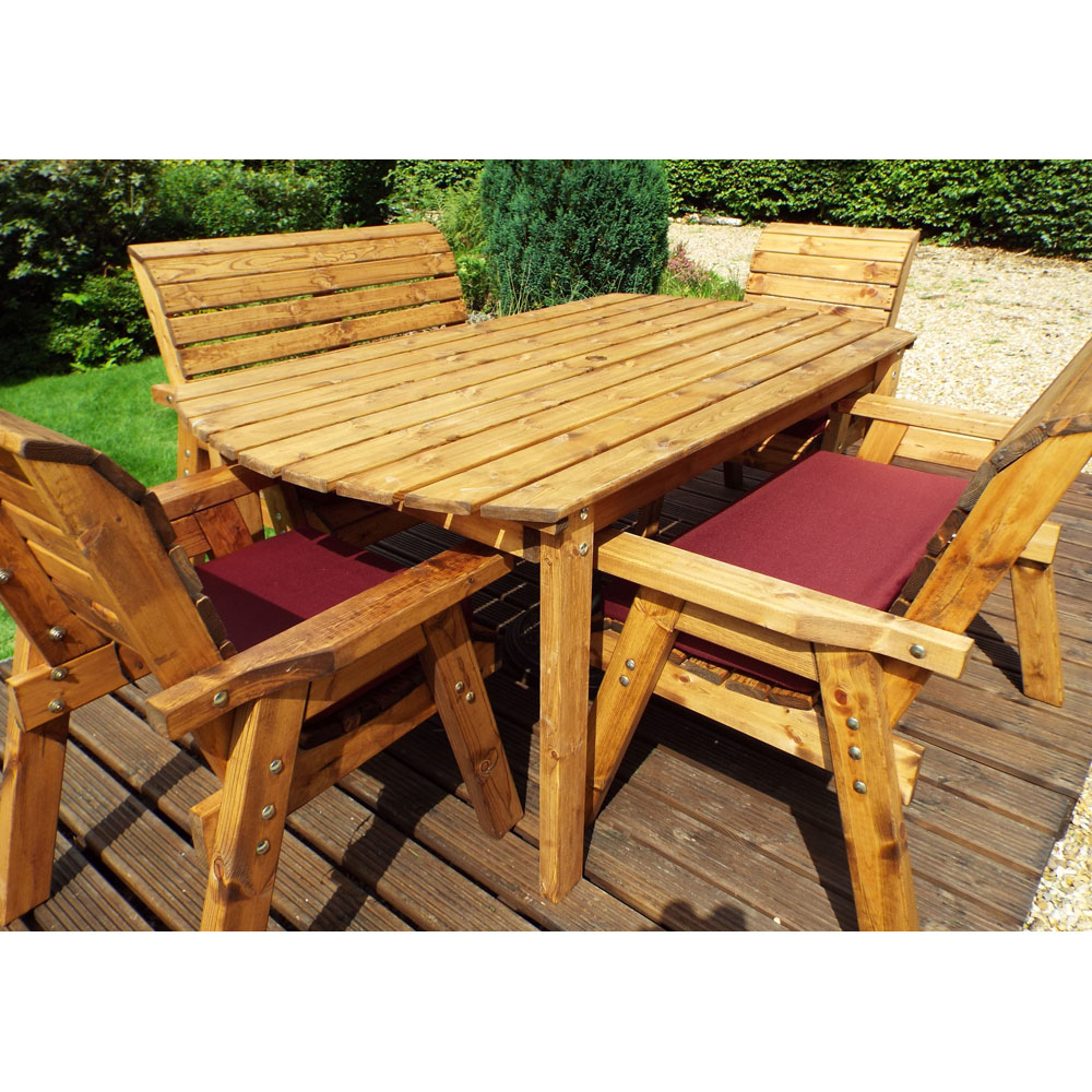 Charles Taylor Solid Wood 6 Seater Rectangular Outdoor Dining Bench Set with Red Cushions Image 3
