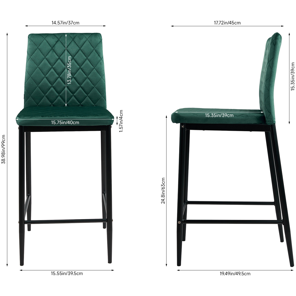 Living and Home Dark Green Velvet Diamond Stitched Bar Stool Set of 2 Image 9