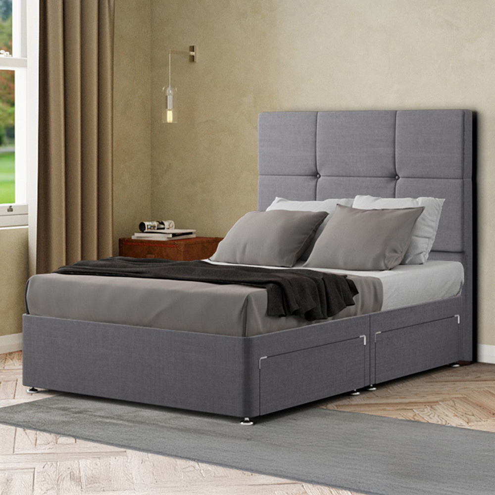 Portland Jacob King Size Grey Linen Divan Bed Frame with 2 Drawers and Headboard Image 1