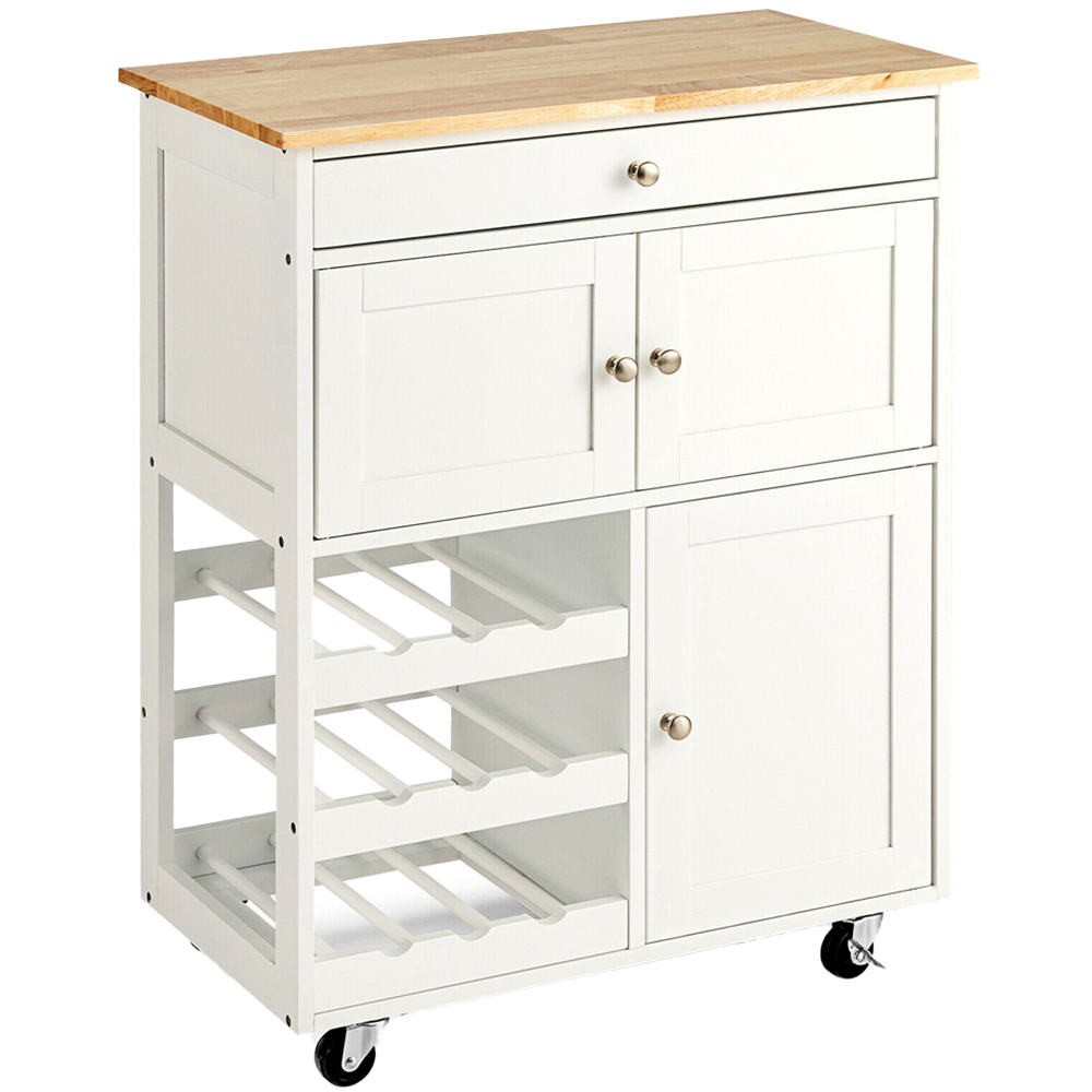 Costway White 3 Door Single Drawer and 3 Wine Racks Rolling Kitchen Cart Image 1