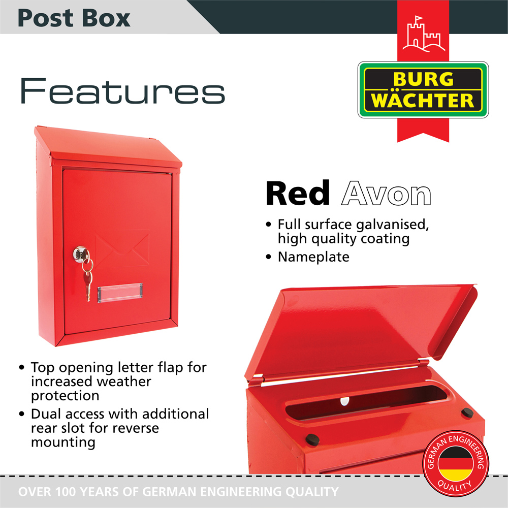 Burg-Wachter Avon Red Galvanised Steel Wall Mounted Top Opening Lockable Post Box 30 x 21 x 7cm Image 2