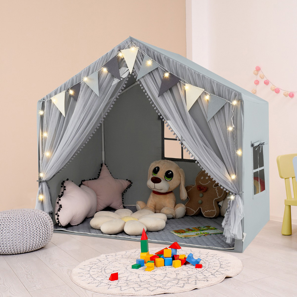 Costway Kids Grey Large Tent House Play Set with Fabric and Screen Curtains Image 2