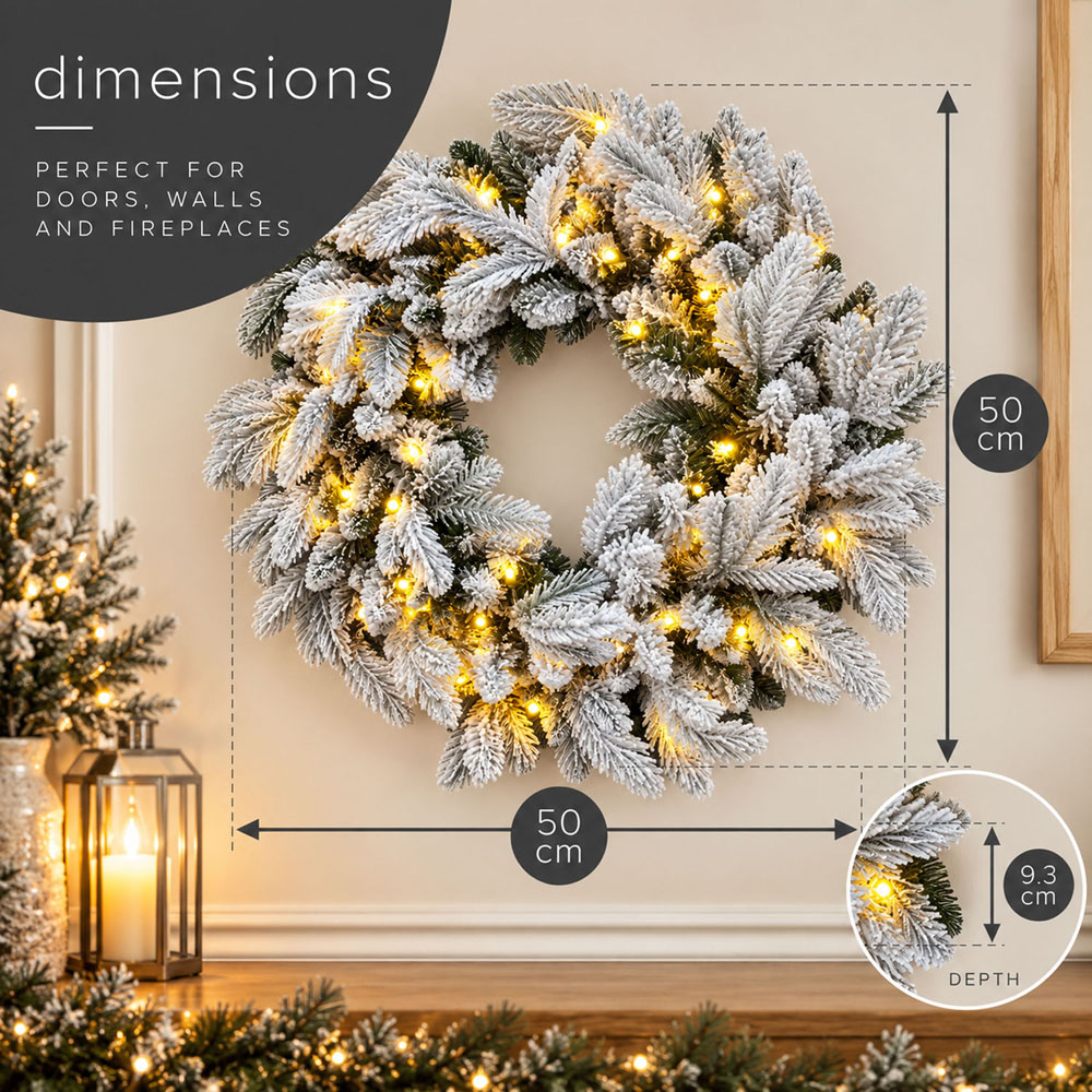Neo Warm White LED Pre-Lit Artificial Snow-Flocked Christmas Wreath 50cm Image 7