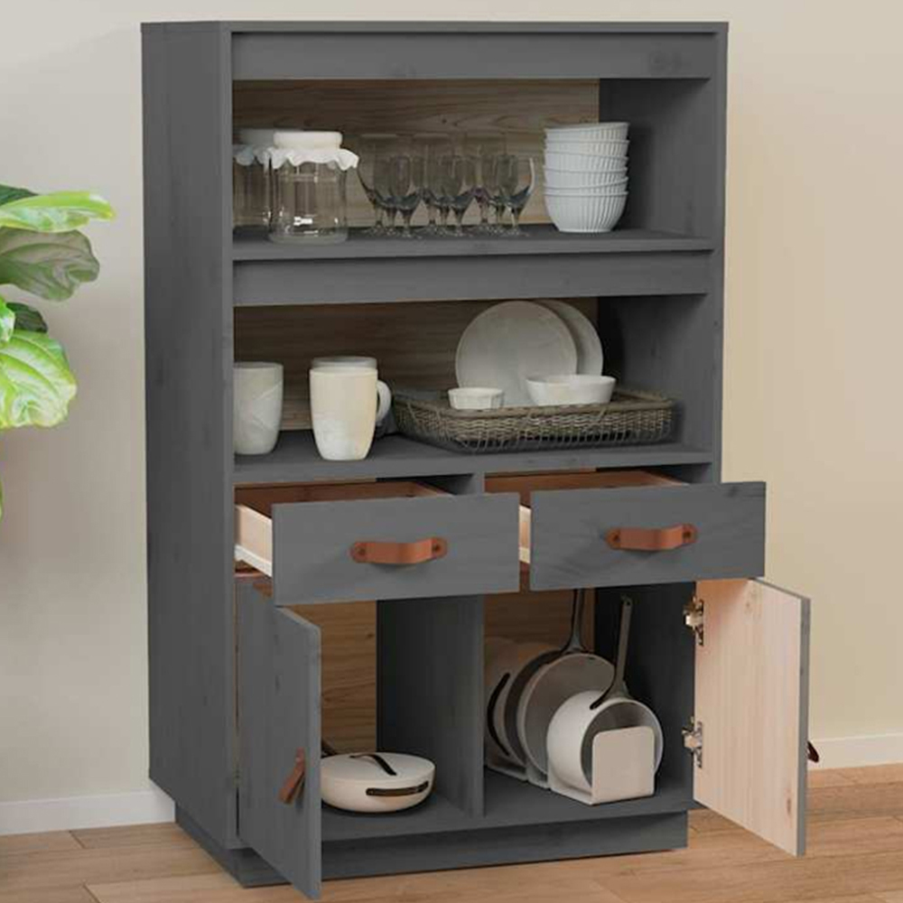 vidaXL 2 Door 2 Drawer 2 Shelf Grey Solid Pine Wood Highboard Image 1