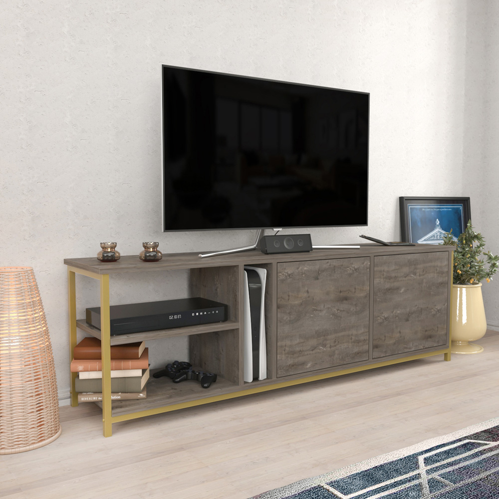 Decorotika Primrose 2 Door 3 Shelf Gold Wenge TV Stand for 72 inch TV Image 6