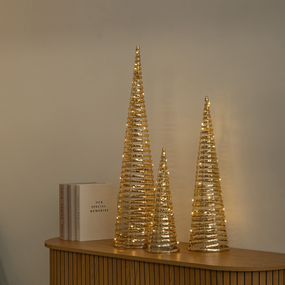 Samuel Alexander 90 Warm White LED Gold Braid Christmas Cone Tree with Timer Set of 3 Image 8