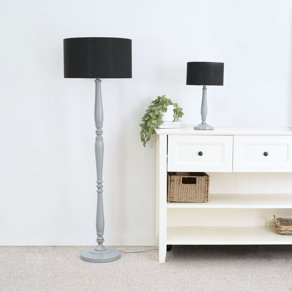 ValueLights Victoria Black Fabric Drum Shade Grey Wood Traditional Stem LED Table Lamp Image 5