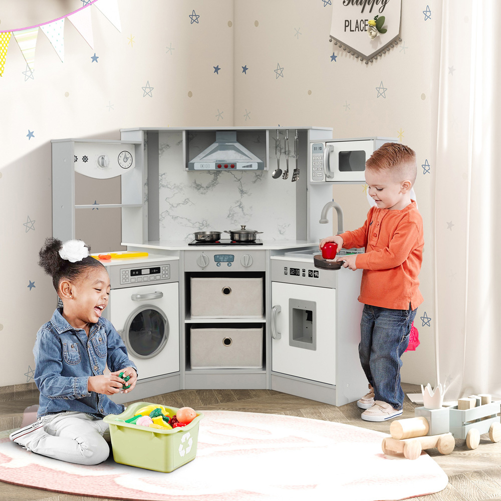Costway Grey Kids Wooden Kitchen Playset with Lights Image 2