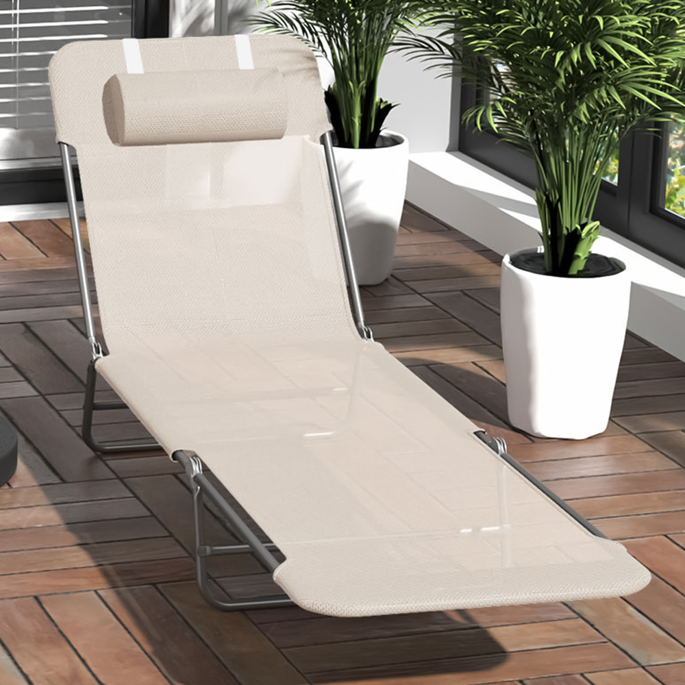 Outsunny Beige Reclining Folding Sun Lounger Image 1