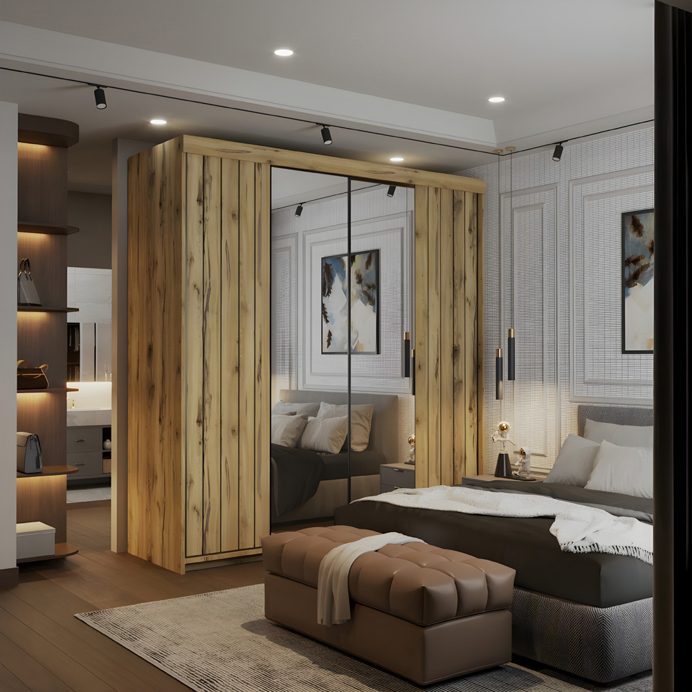 Sliding Wardrobes 4U 2 Sliding Door Oak Modern Silver Trim Mirrored Wardrobe 200cm Image 3