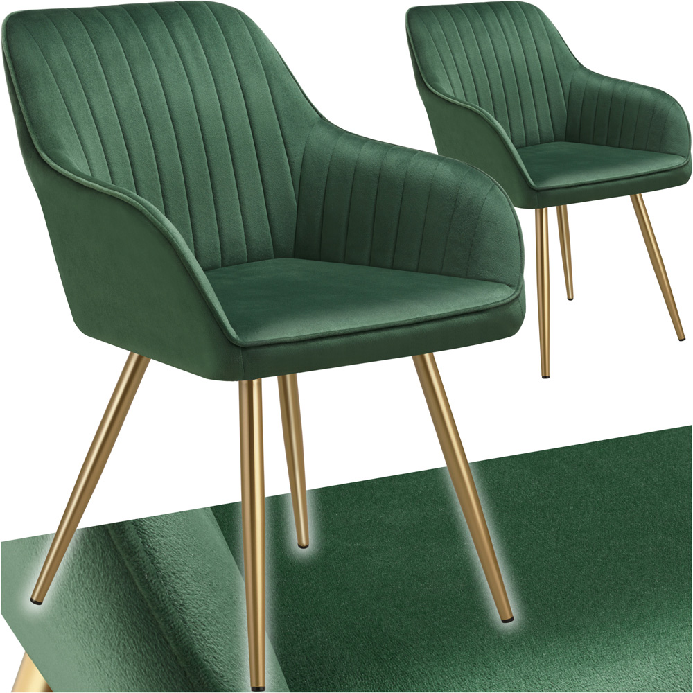 tectake Marilyn Set of 2 Dark Green and Gold Quilted Velvet Dining Chair Image 2