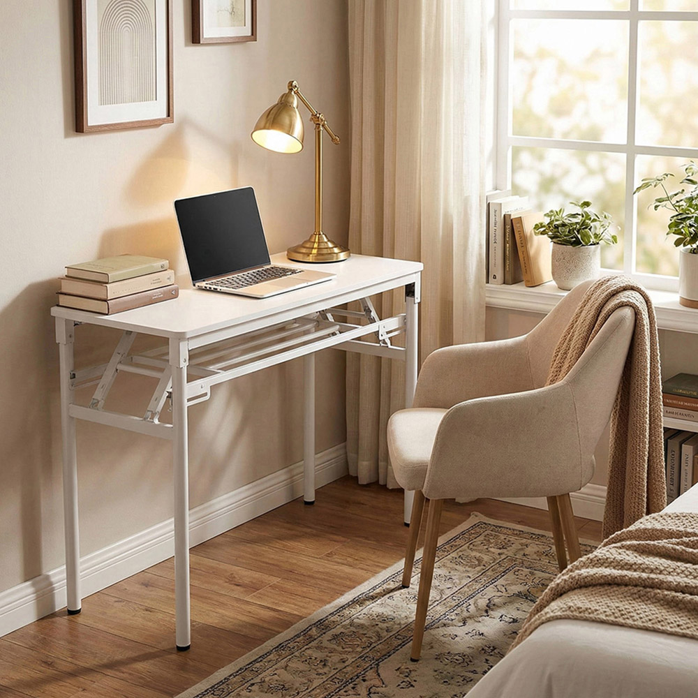 Living and Home Single Shelf Metal Frame Foldable Laptop Desk White 100cm Image 8
