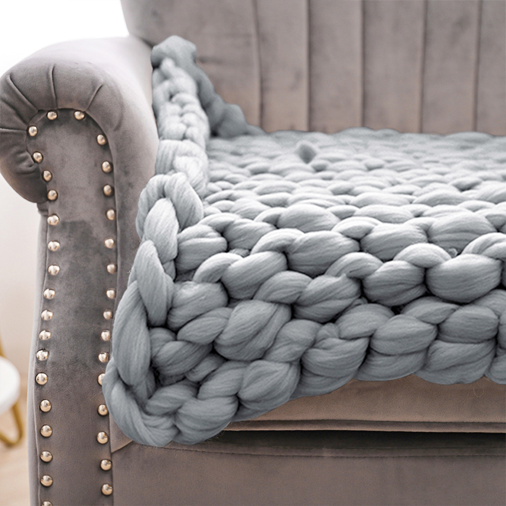 Living and Home Light Grey Chunky Knit Handwoven Throw Blanket 60cm Image 6