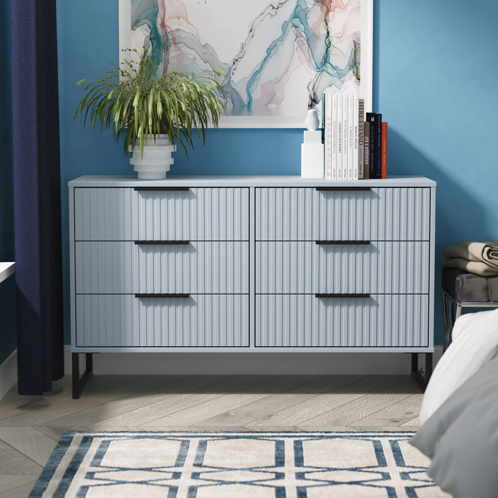 Crowndale Fluted 6 Drawer Denim Blue Wide Chest of Drawers Ready Assembled Image 7
