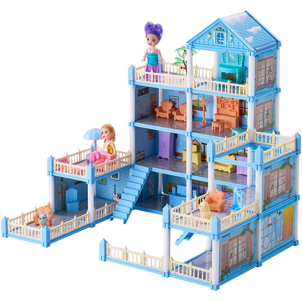 H&O Direct 249 Piece Kids Pink 4 Storey Dollhouse Playset with Furniture Image 1