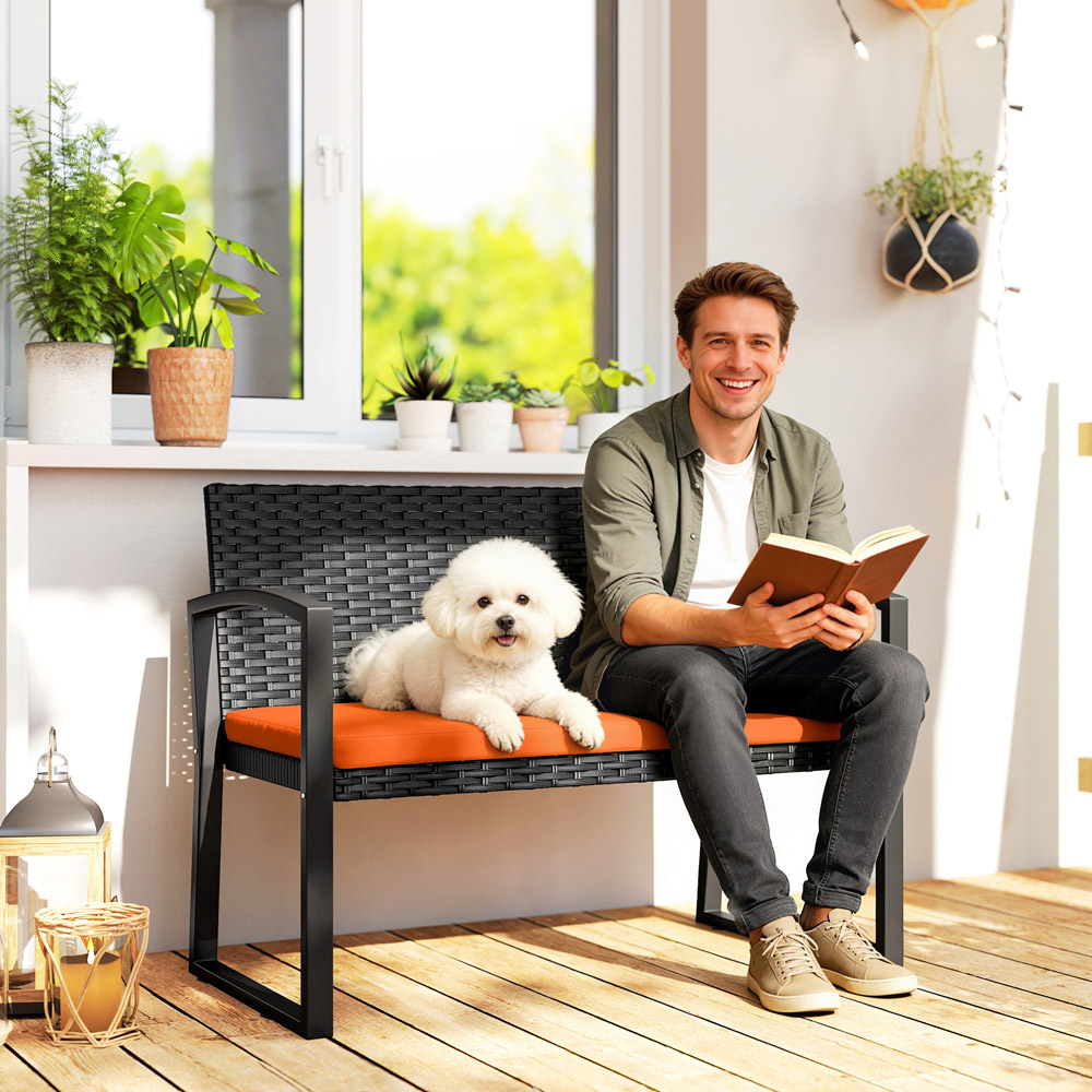 Outsunny 2 Seater Orange Resin Wicker Rattan Garden Bench with Cushion Image 5