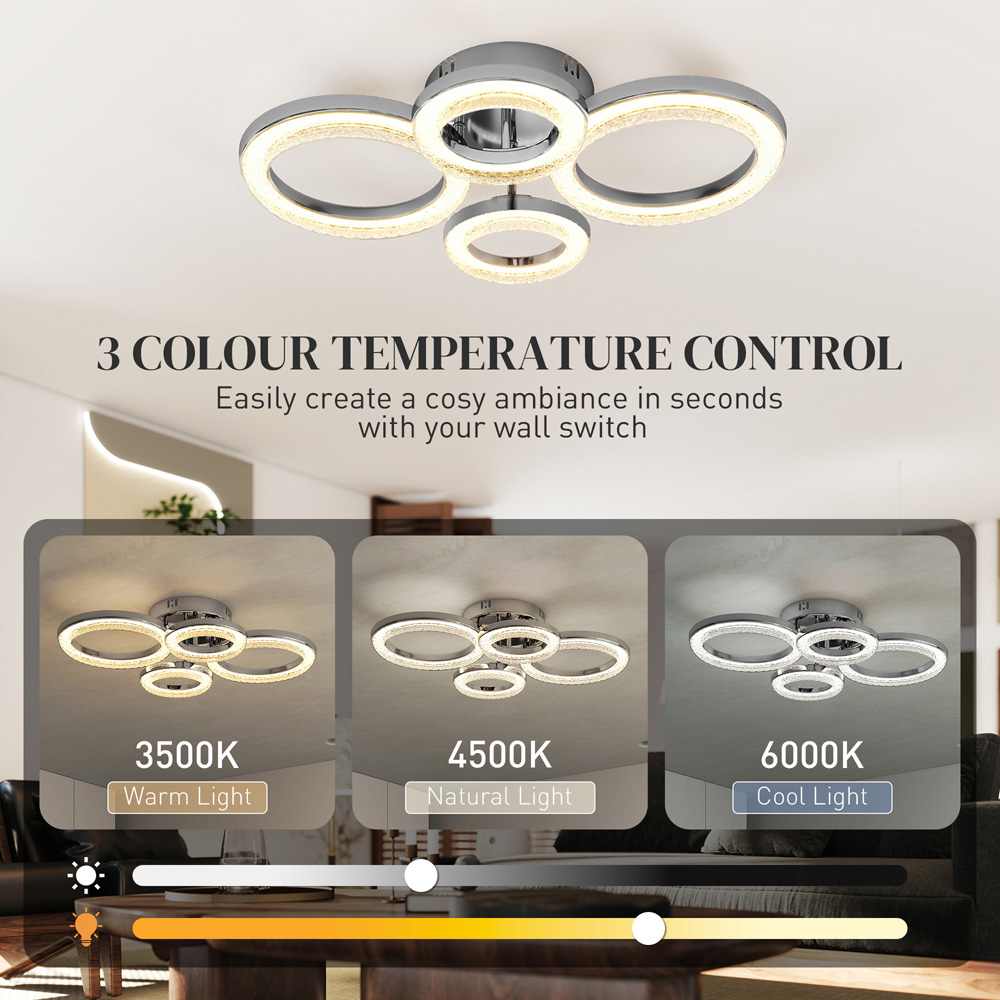 HOMCOM Modern Silver 4 Ring Flush Mount LED Ceiling Light Image 8