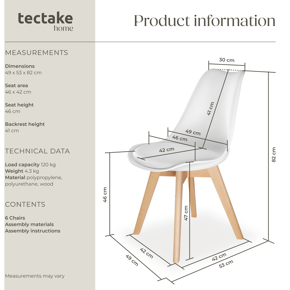 tectake Frederikke Set of 6 White Ergonomic Dining Chair with Padded Seat and Wooden Legs Image 9