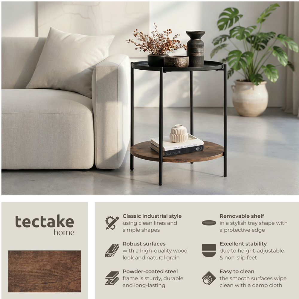 Tectake Sunderland Single Shelf Rustic Dark Wood Round Bedside Table Image 3