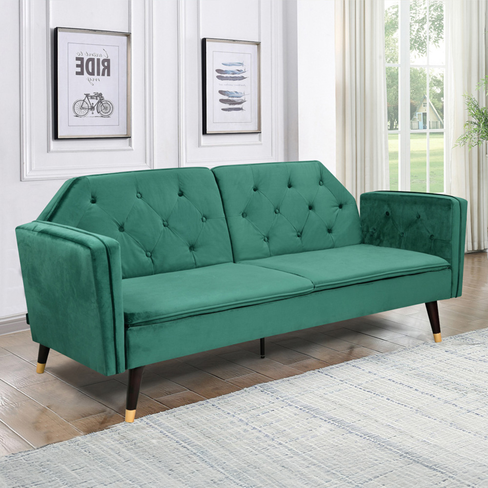Comfy Living 3 Seater Green and Gold Plush Velvet Tufted Sofa Bed Image 1