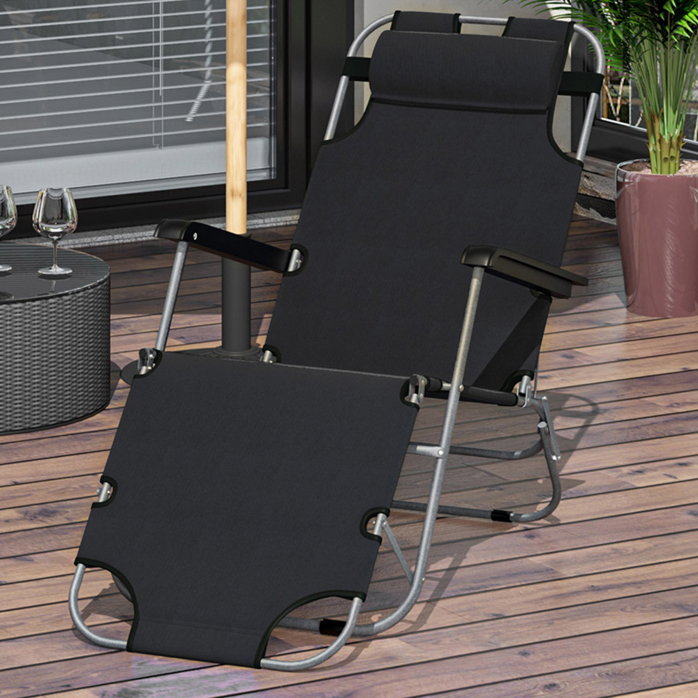 Outsunny Black Reclining Folding Sun Lounger with Pillow Image