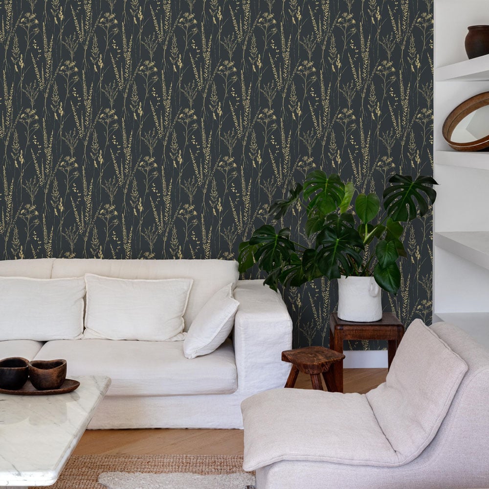 Grandeco Halm Grass and Flower Sprigs Blown Vinyl Black Gold Wallpaper Image 3