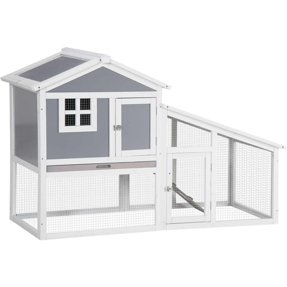 PawHut 2 Tier Grey Wooden Hutch with Sunlight Panel Roof Image 1