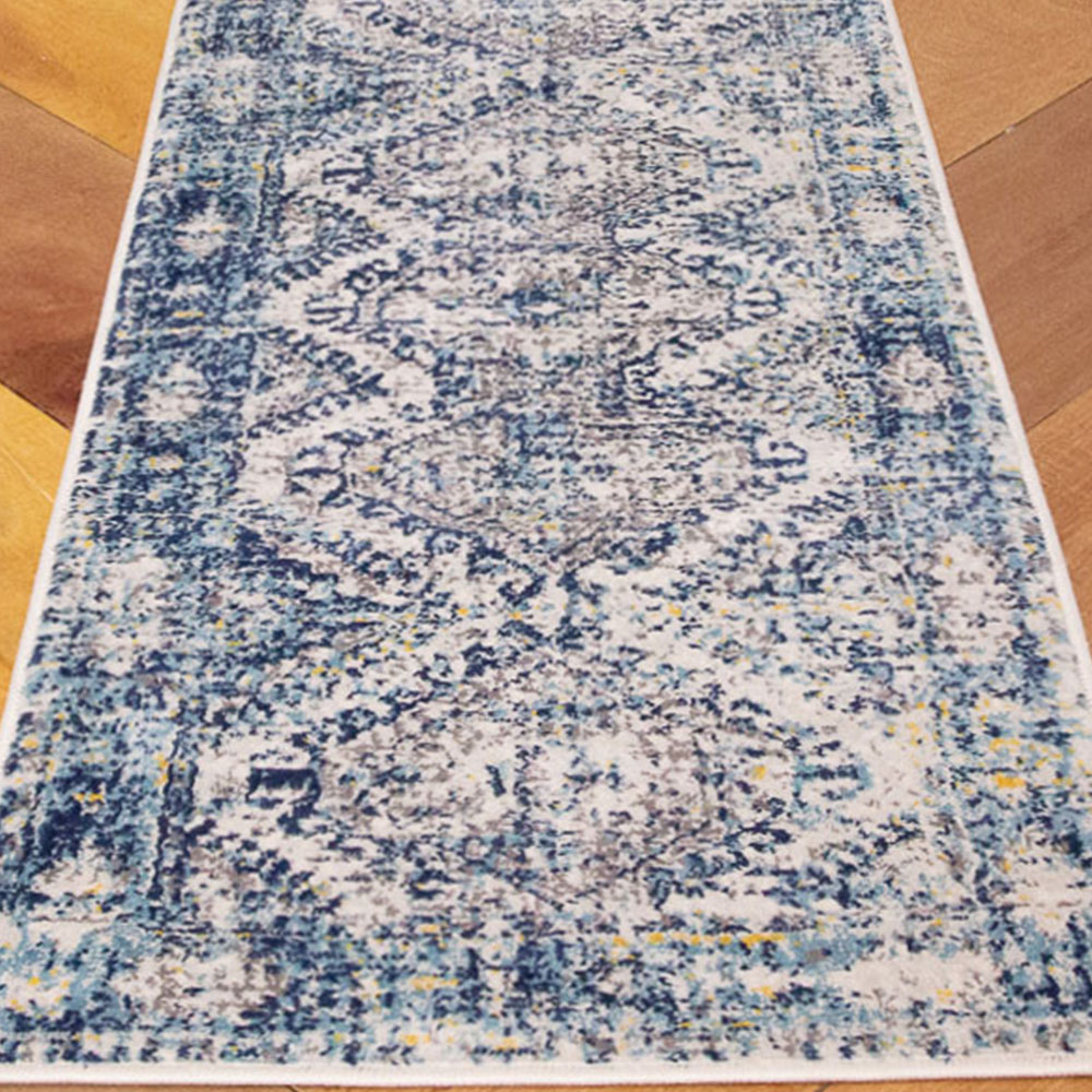 Kukoon Navy Blue and Grey Bordered Geometric Distressed Rug 240 x 60cm Image 3