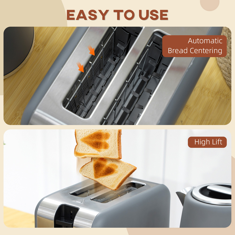 HOMCOM 800-234V70GY Grey 1.7L Electric Fast Boil Kettle and 2 Slice Toaster Set Image 6
