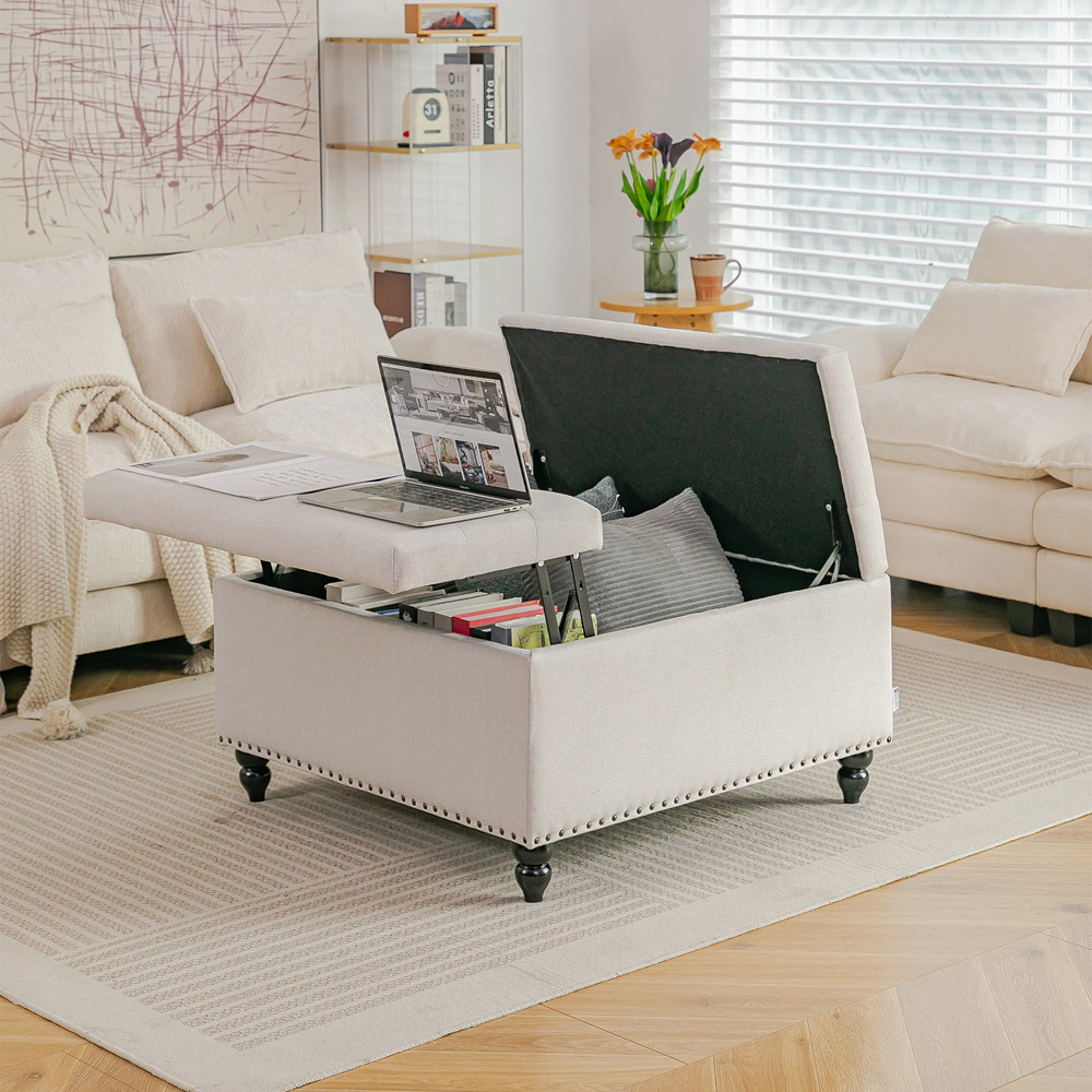 Living and Home Beige Square Linen Upholstered Lift Top and Flip Storage Ottoman Image 7