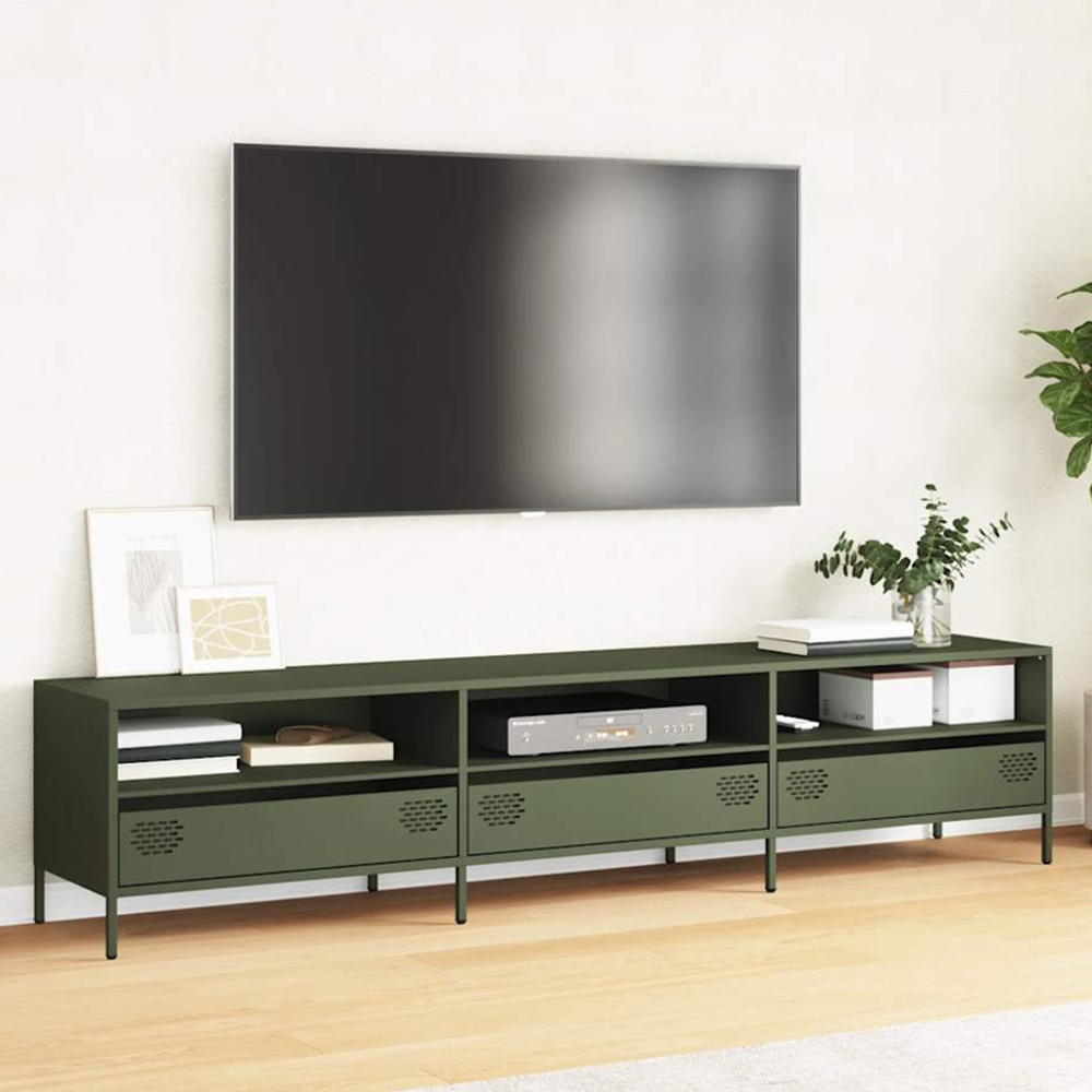 vidaXL 3 Drawer 3 Shelf Olive Green Cold-Rolled Steel TV Cabinet Image 1