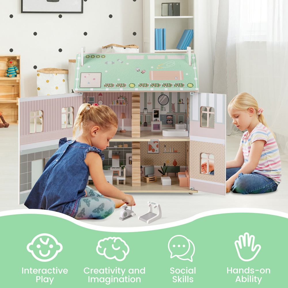 Costway Kids Multicolour Wooden Dollhouse with Furniture and Accessories Image 7