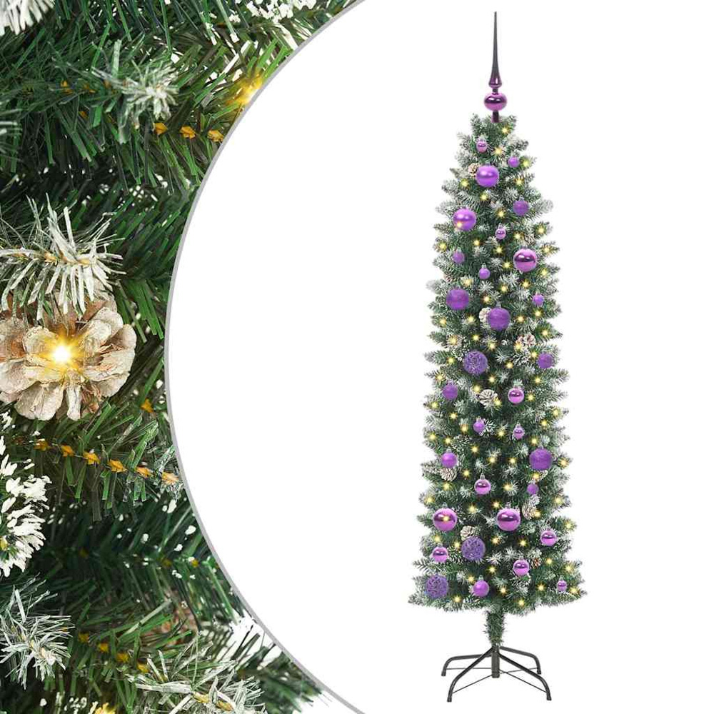 vidaXL Pre-Lit Warm White LED and Lilac Baubles Green Slim Artificial Christmas Tree 5ft Image 7