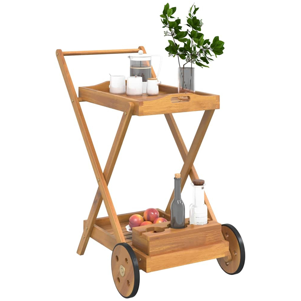 vidaXL 2 Shelf Brown Solid Acacia Wood Tea Trolley with Bottle Holder Image 2