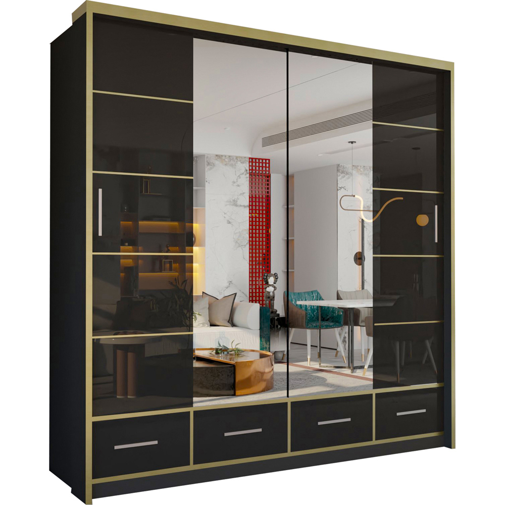 M N Furniture Silora 2 Door 4 Drawer Black and Gold High Gloss Mirrored Sliding Wardrobe 203cm Image 2