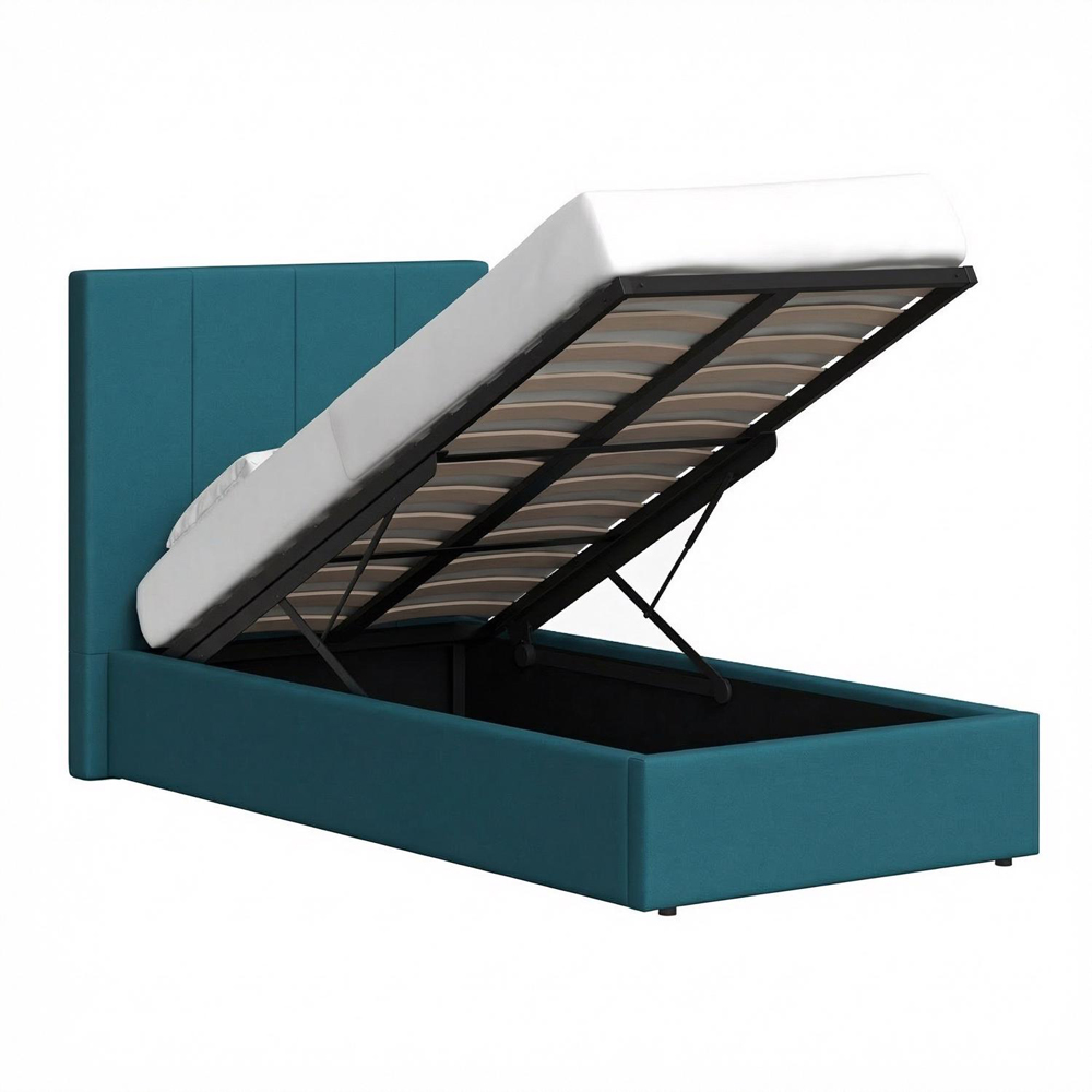 FWStyle Hoscar Single Dolphin Blue Upholstered Lift-Up Ottoman Bed Frame with Ribbed Headboard Image 4